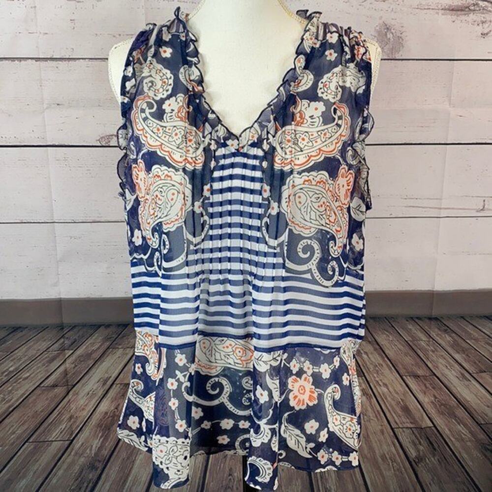 Cabi 5349 Top Womens Small Peplum Floral Stripe Semi Sheer Sleeveless Ruffle‎